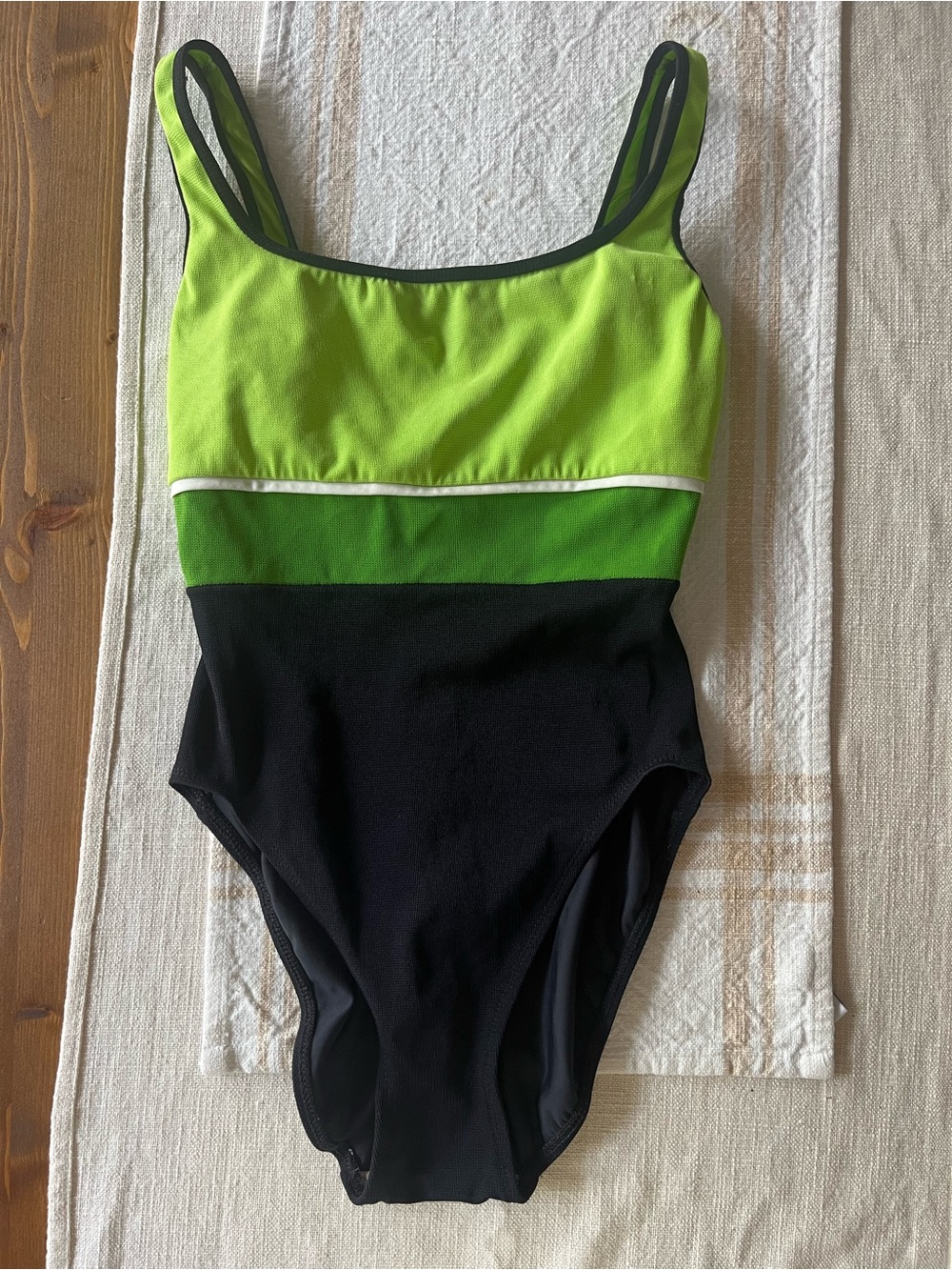 Vintage Anne Klein Retro Black and Lime Green Women's One-Piece Swimsuit